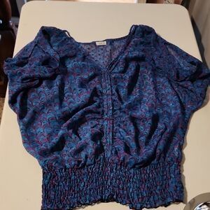 Blue and Red Puff Sleeve Smocked Blouse